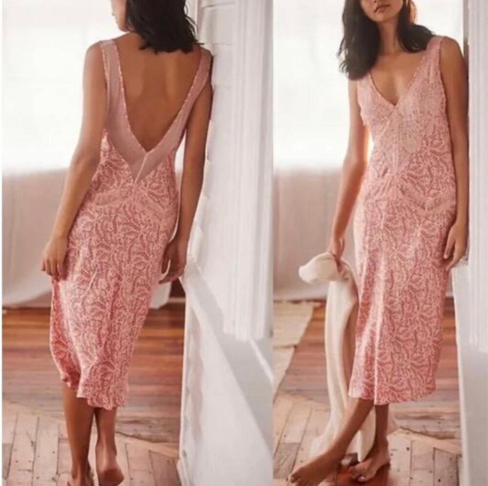 Anthropologie NWT Women's The Cerise Sheer Lace Pink Paisley Maxi Dress Size XS